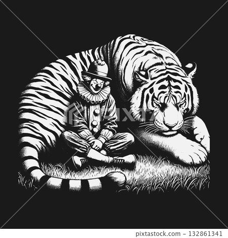 Surreal monochrome illustration of a clown sitting peacefully with a tiger. Surreal monochrome illustration of a clown sitting peacefully with a tiger. 132861341