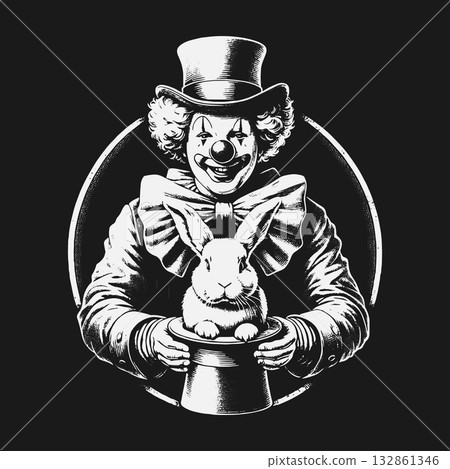 Creepy smiling clown holding a rabbit in a top hat magic trick. 132861346