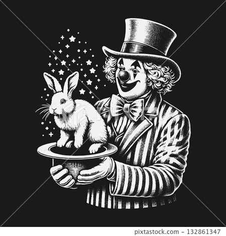 Vintage Monochrome Illustration of a Clown Magician with a Rabbit. Vintage Monochrome Illustration of a Clown Magician with a Rabbit. 132861347