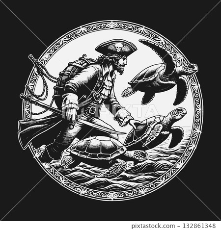 Vintage black and white illustration of a pirate running with sea turtles. Vintage black and white illustration of a pirate running with sea turtles. 132861348