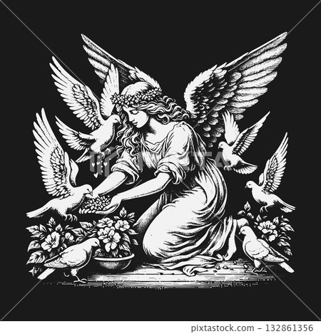 Vintage black and white illustration of an angel feeding doves. 132861356