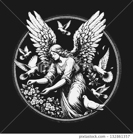 Classic Black and White Illustration of a Winged Angel with Doves. 132861357