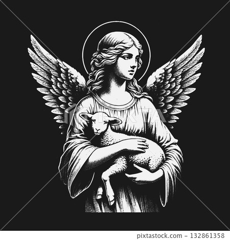 Vintage black and white illustration of a serene angel holding a lamb. 132861358