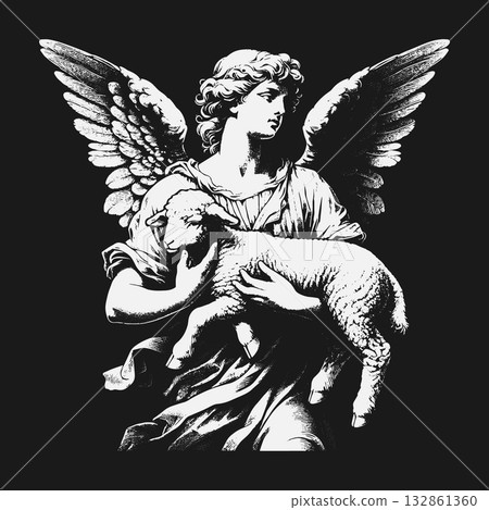 Spiritual Angelic Figure Cradling a Gentle Lamb in Arms. 132861360