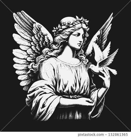 Vintage Engraving Style Illustration of a Serene Angel Holding a Dove. 132861365