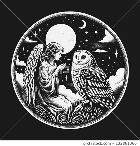 Mystical Angel and Wise Owl Under a Starry Night Sky. Mystical Angel and Wise Owl Under a Starry Night Sky. 132861366