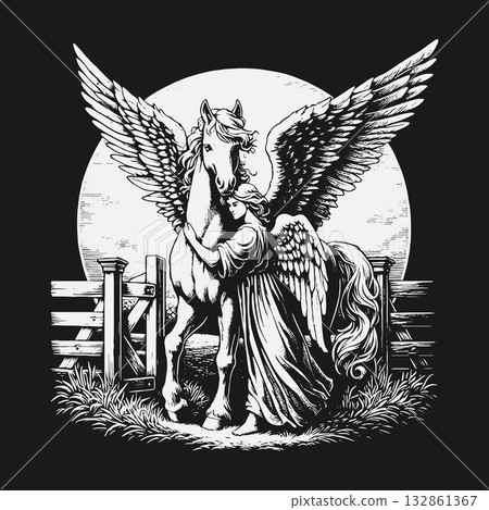 Angelic Woman Embracing a Majestic Winged Pegasus Horse. 132861367