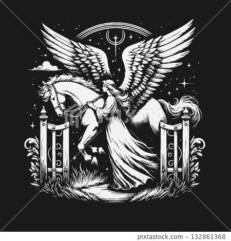 A Mystical Woman Guides a Winged Pegasus Through a Celestial Gate. A Mystical Woman Guides a Winged Pegasus Through a Celestial Gate. 132861368