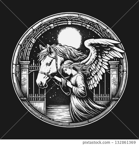Mystical Angel Embracing a Gentle Horse Under a Full Moon. Mystical Angel Embracing a Gentle Horse Under a Full Moon. 132861369