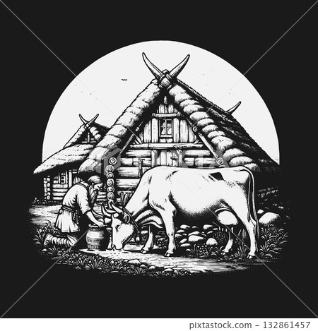 Vintage illustration of a farmer milking a cow by a rustic longhouse. 132861457