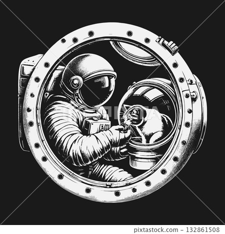 Astronaut and Space Cat Companion Viewed Through a Spaceship Porthole. Astronaut and Space Cat Companion Viewed Through a Spaceship Porthole. 132861508