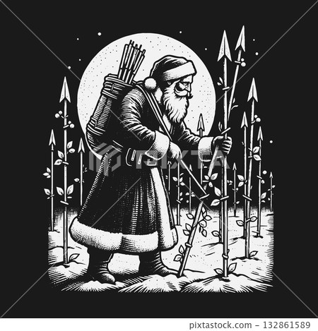 Dark Fantasy Santa Claus as an Archer Hunter with a Bow. 132861589