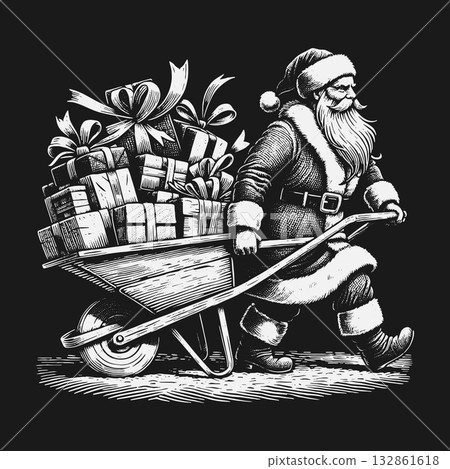 Vintage Engraved Santa Claus Pushing a Wheelbarrow of Christmas Presents. 132861618