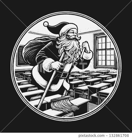 Vintage Santa Claus Cleaning an Empty Classroom Illustration. 132861708