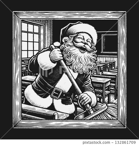 Vintage Black and White Woodcut Illustration of Santa Claus Sweeping a Classroom. Vintage Black and White Woodcut Illustration of Santa Claus Sweeping a Classroom. 132861709