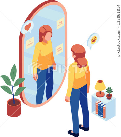 Isometric Woman In Front Of Mirror with Positive Affirmations 132861814