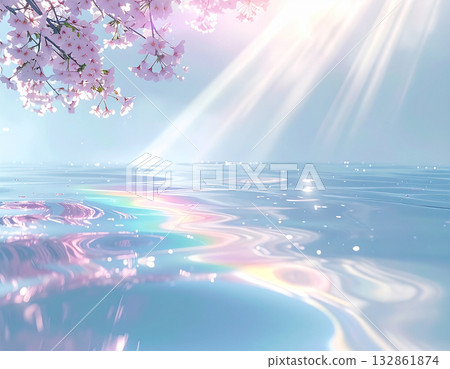 櫻花倒映在水中，水景背景素材 132861874