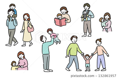 手繪插圖:一家人各種姿勢 手繪插圖:一家人各種姿勢 132861957