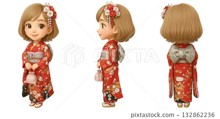 Three-dimensional illustration of a female chibi character wearing a red furisode kimono 132862236