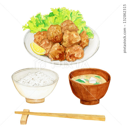 Hand-drawn watercolor illustration of fried chicken, rice and miso soup 132862315