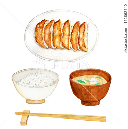 手繪水彩插圖,包括餃子、米飯和味噌湯 手繪水彩插圖,包括餃子、米飯和味噌湯 132862340