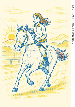 Illustration of a woman riding a horse - Hand-drawn style - Generative AI 132862393