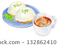 Watercolor illustration, hand-drawn illustration, lemon cake and coffee set, coffee shop menu 132862410