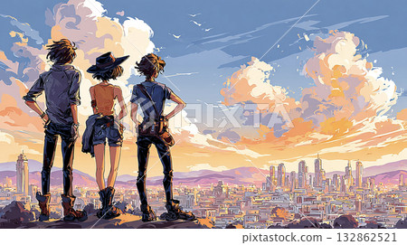 Young people looking out at the city Young people looking out at the city 132862521