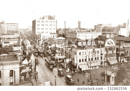 Old photograph, 1926-1929, Shinjuku Street as seen from the east exit of Shinjuku Station, Tokyo 132862536