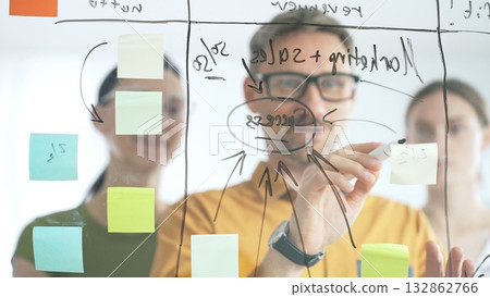 Professional team strategizing, writing collaborative notes on glass board, mapping innovative project workflow with marker 132862766