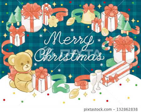 水彩泰迪熊和聖誕花圈相框 132862838