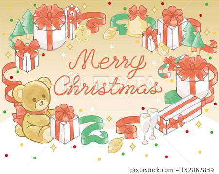 水彩泰迪熊和聖誕花圈相框 132862839