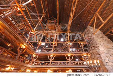 Amazing wood architectural structure of lodge and national historic landmark Old Faithful Inn in Yellowstone National Park 132862972