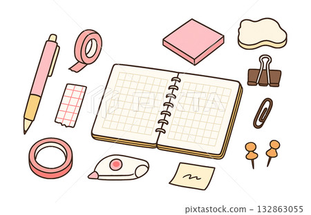 Cute hand-drawn stationery illustrations: notebooks, pens, masking tape, clips Cute hand-drawn stationery illustrations: notebooks, pens, masking tape, clips 132863055