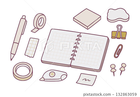 Cute hand-drawn stationery illustrations: notebooks, pens, masking tape, clips Cute hand-drawn stationery illustrations: notebooks, pens, masking tape, clips 132863059