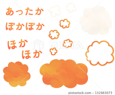 Warm and cozy cloud-shaped speech bubble and text set | Fluffy, orange, soft atmosphere, vector 132863073