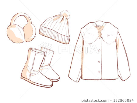 保暖冬季服裝套裝(陰影)| 外套、靴子、針織帽、耳罩、冬季時尚 保暖冬季服裝套裝(陰影)| 外套、靴子、針織帽、耳罩、冬季時尚 132863084