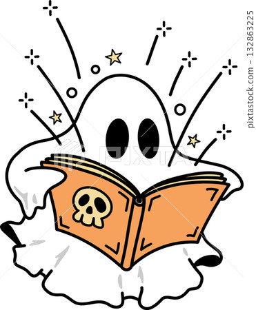 Cartoon Halloween Groovy Ghost Reading Magic Book Cartoon Halloween Groovy Ghost Reading Magic Book 132863225