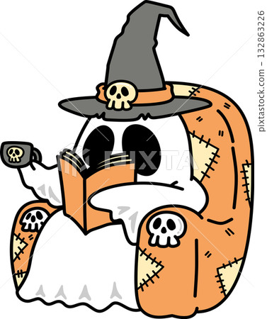 Cartoon Groovy Ghost Reading Book in Halloween Day 132863226