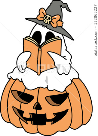 Cartoon Ghost Reading on a Halloween Pumpkin 132863227