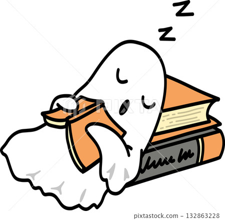 Cartoon Halloween groovy ghost sleeping on the book 132863228