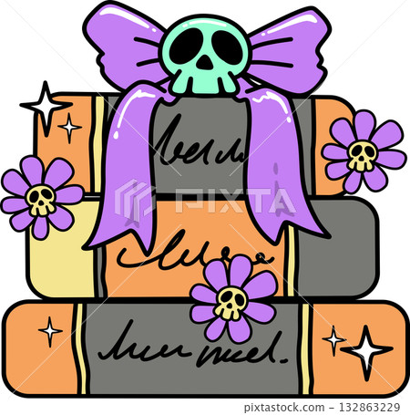 Cartoon groovy Stack of Spooky Books with Skull and Bow  132863229