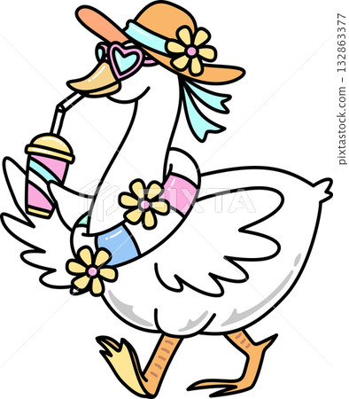 Retro Groovy Cartoon Goose with Summer Accessories Retro Groovy Cartoon Goose with Summer Accessories 132863377