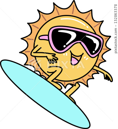 Retro Groovy Cartoon Sun Character Surfing with Sunglasses	 132863378