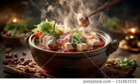 noodles with meat in soup 132863535