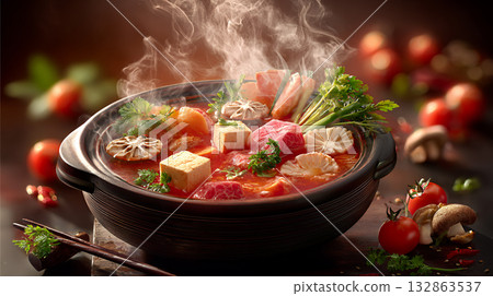 noodles with meat in soup 132863537