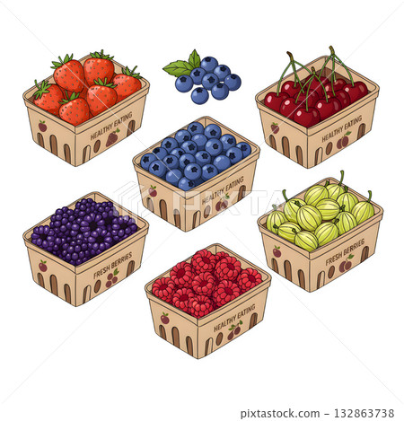 Various berries in supermarket carton boxes. Strawberry, blueberry, cherry, raspberry, gooseberry and blackberry set. Healthy eating concept. illustration design. 132863738