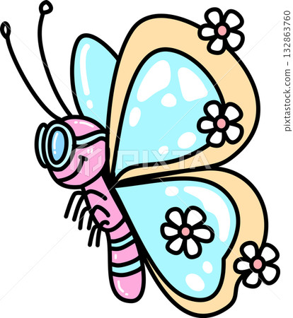 Retro Groovy Cute Cartoon Butterfly with Flowers Retro Groovy Cute Cartoon Butterfly with Flowers 132863760
