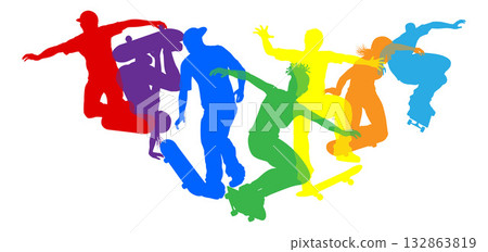 Skateboard Skateboarders Silhouette Group 132863819
