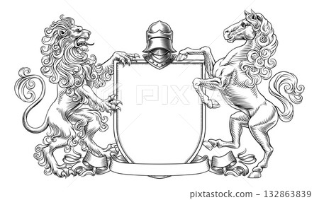 Crest Lion Horse Coat Of Arms Heraldic Shield Crest Lion Horse Coat Of Arms Heraldic Shield 132863839